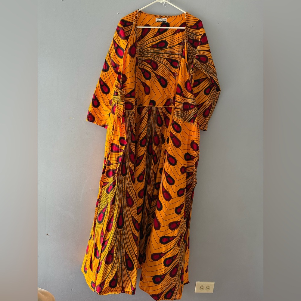 Bold Mustard Yellow Wrap Maxi Dress with Red & Black Accents 57”for wrapping - Picture 3 of 12